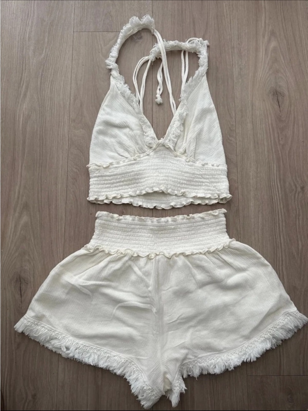 ILLA ILLA Cream Halter Crop Top & Frayed Shorts Set